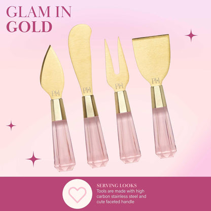 Paris Hilton Charcuterie Board and Serving Set, Bamboo Serving Board, Ceramic Dish, Cheese Utensils with Titanium Coated Blades, 6-Piece Set, Pink