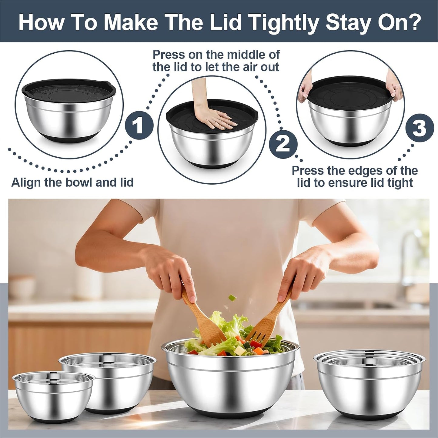 TeamFar Mixing Bowls, Stainless Steel Mixing Bowls with Lids, Nesting Salad Bowls with Air-tight Lids & Non-slip Bottom, Dishwasher Safe & Stackable, Set of 6-4.6/2.6/2 / 1.5/1 / 0.7 Qt