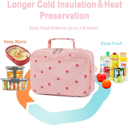 Bluboon Insulated Lunch Bag for Girls & Boys, Corduroy School Lunch Box with Cooler & Organizer Compartments, Leak-Proof Lunch Tote for School, Travel (Corduroy Strawberries Beige)