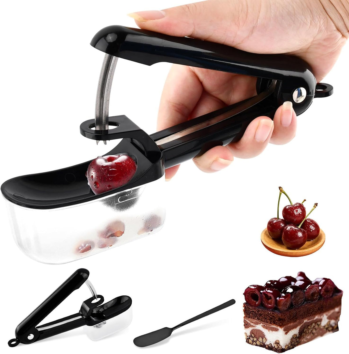 Cherry Pitter, Cherry & Olive Corer with Core‑Catcher & Stainless Spatula