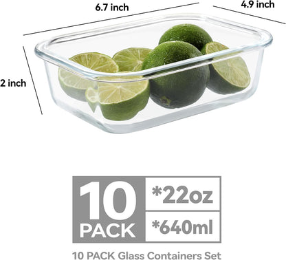 BAYZZ 10 Pack 22 oz Glass Meal Prep Containers, Glass Food Storage Containers with Airtight Lids, BPA-Free, Freezer and Microwave Safe
