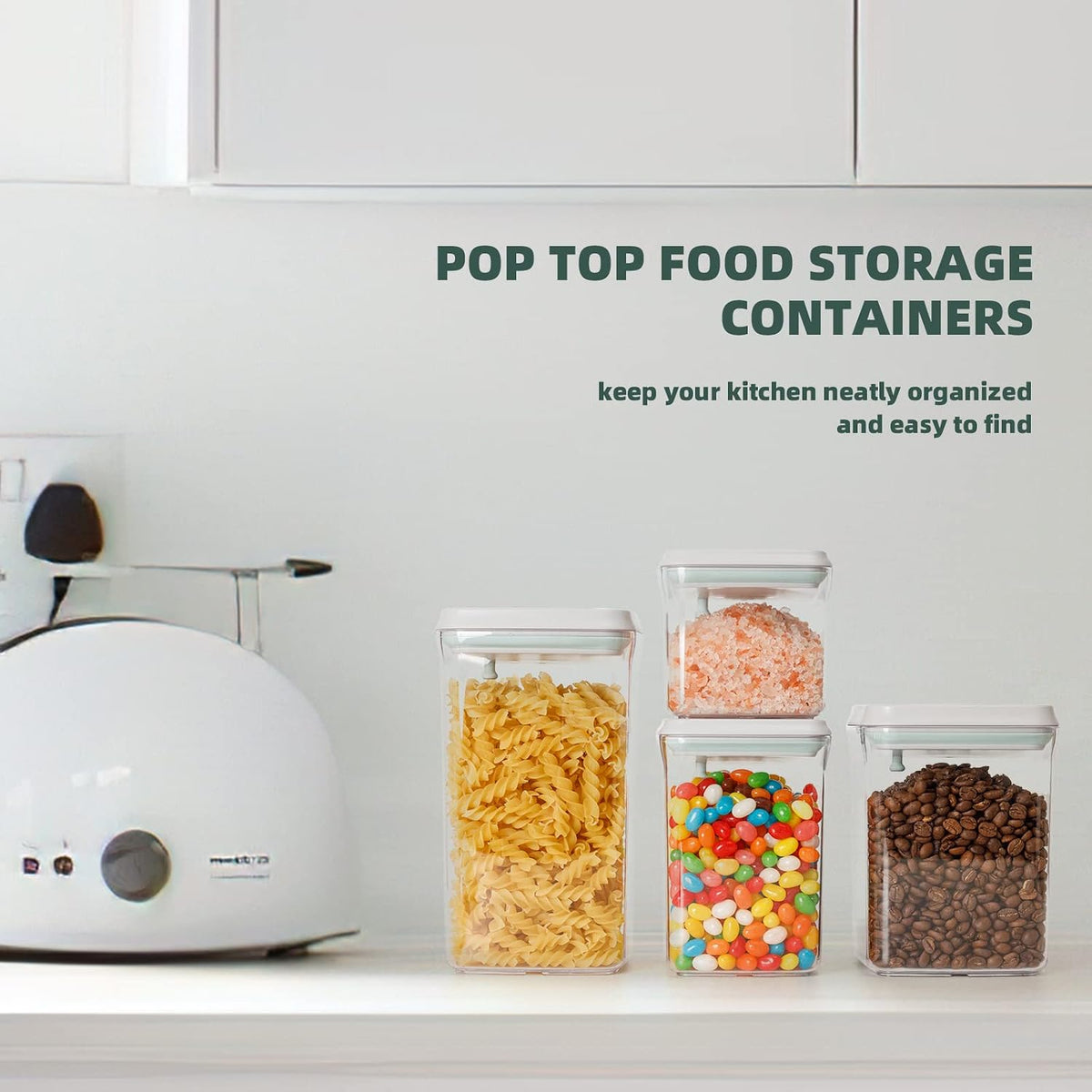 Airtight Food Storage Containers, 4-Piece Set, 1.3-3.5 Qt, Pop-Top Lids | Clear Stackable Pantry Jars for Flour, Sugar, Cereal, Oats, Pasta, Snacks, Baking Ingredients and Small Kitchen Organization
