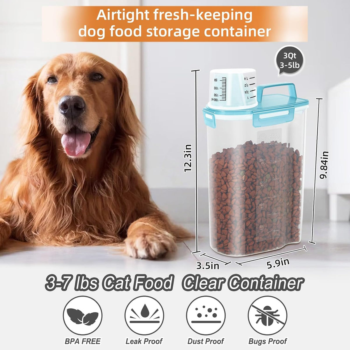 LEAWALK Airtight Small Cat Dog Pet Food Storage Containers BPA Free, with Large Pour Spout/1 Measuring Cup/ 4 Safety Locks and Double-layer Silicone Strip (Olive Gray x 2, 3L-2pack)