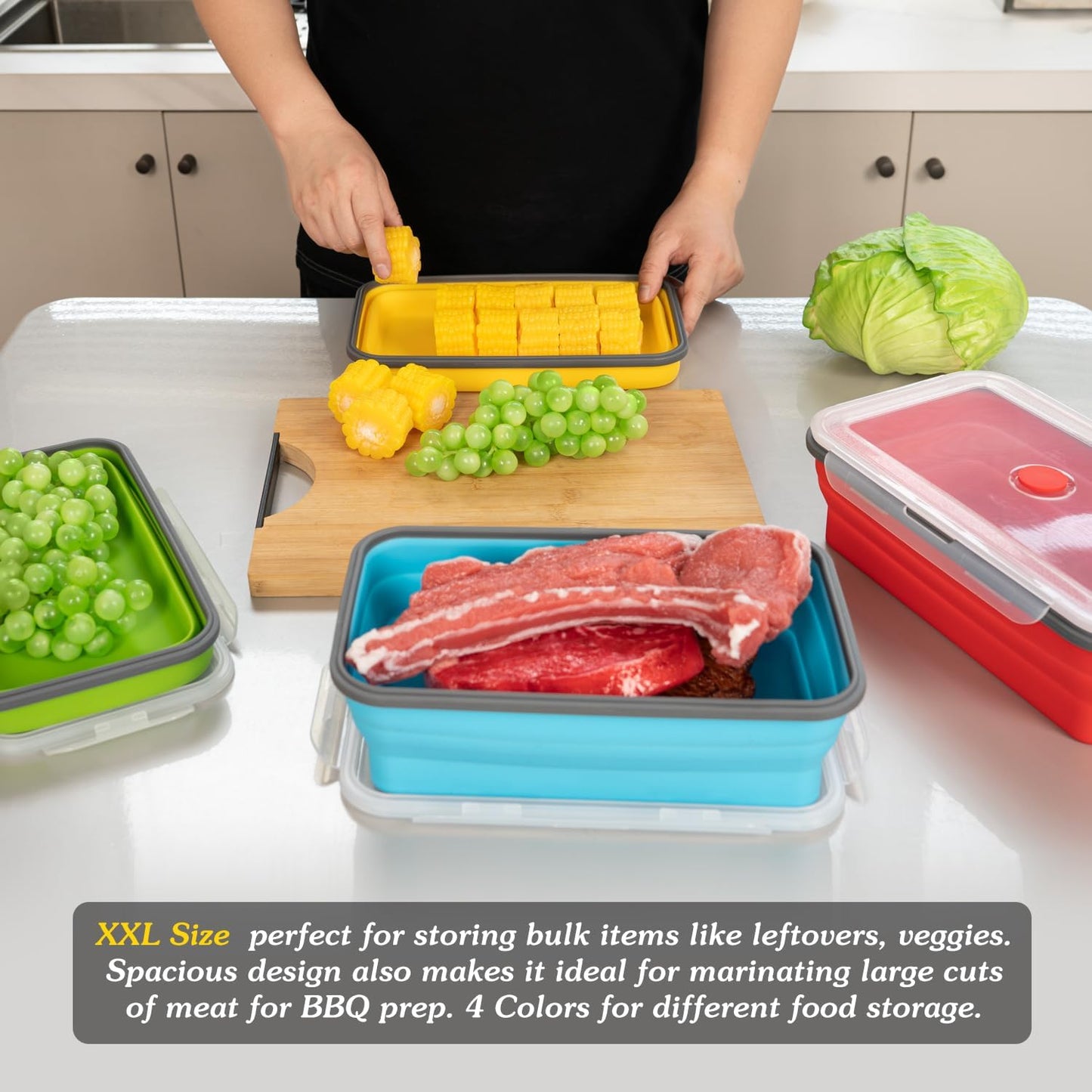 Collapsible Food Storage Containers with Lids, 4 Pack, 40 oz Silicone 1-Compartment Meal Prep Containers Reusable, Lunch Bento Boxes for Adults, Microwave Freezer Dishwasher Safe, BPA-Free, Black