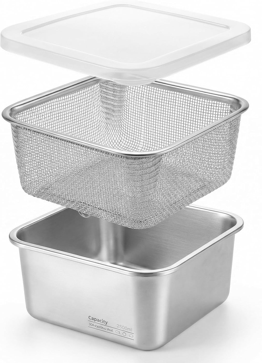 Stainless Steel Colander Set, Square Strainer with Lid for Draining Vegetable Washing Rice, 2 in 1 Strainer Bowl & Food Storage Container Food Preparation Box Bowl (1500ml)