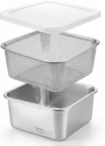 Stainless Steel Colander Set, Square Strainer with Lid for Draining Vegetable Washing Rice, 2 in 1 Strainer Bowl & Food Storage Container Food Preparation Box Bowl (1500ml)