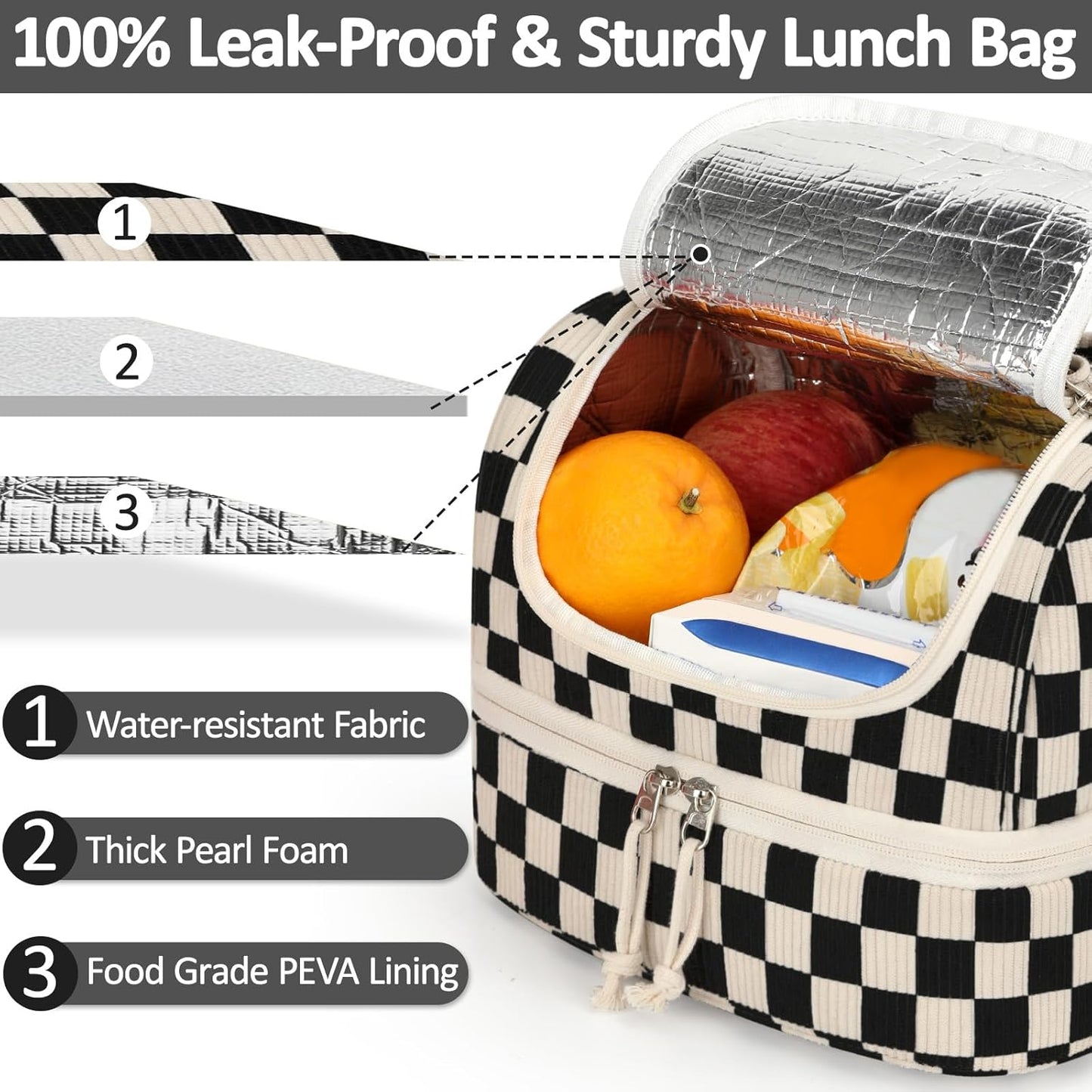 Vankor Corduroy Lunch Box Kids Insulated Lunch Bag Double Decker, Cute Leak-Proof Lunch Box for Boys Girls, Portable Cooler Lunch Bag Thermal Lunch Tote for School Picnic Travel, Light Blue