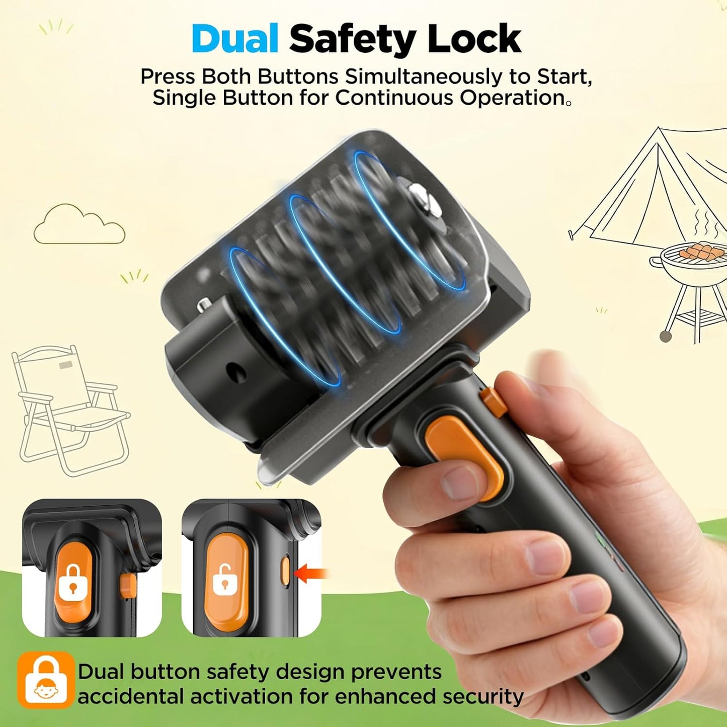Electric Grill Brush with Dual Safety Lock - Ideal Gift for Men Dad Husband, Professional BBQ Cleaner with Submersible 304 SS Head, Splash-Proof Scrubber for Outdoor Grill (Blue Button)