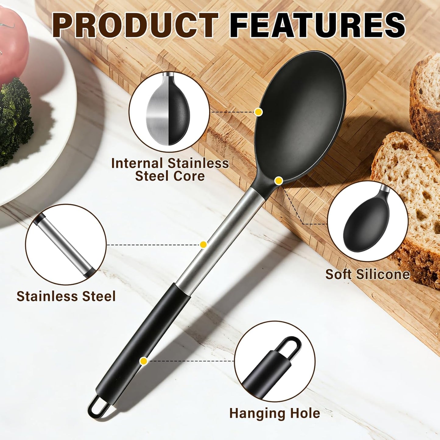 3Pcs Silicone Cooking Spoon Set, Kitchen Utensils Include Solid & Slotted Spoon, Soup Ladle, Food-Grade Heat Resistant 446°F, Non-Scratch Spoons for Serving, Stirring, Draining, Dishwasher Safe, Gray