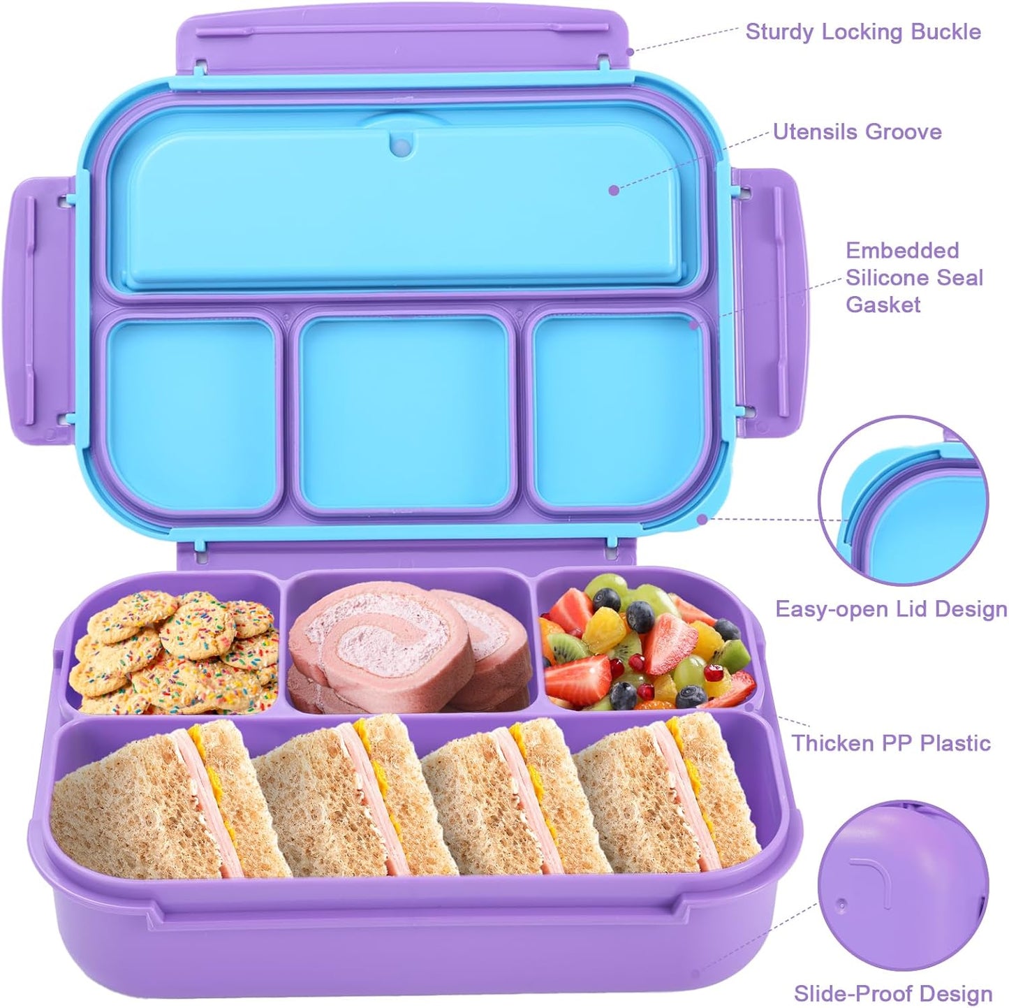 Bento Box Adult Lunch Box, Lunch Containers for Kids Girls Boys with 4 Compartments, Lunchable Food Container with Utensils, Sauce Jar, Muffin Liners, 40 Oz/5 Cup, Microwave Safe, Lavender