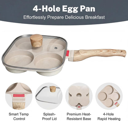Ywmoml 4‑Cup Nonstick Egg Pan Set with Lid, Includes Silicone Scraper, Oil Brush, Chopsticks & Cleaning Cloth – Compatible with Gas & Induction Cooktops