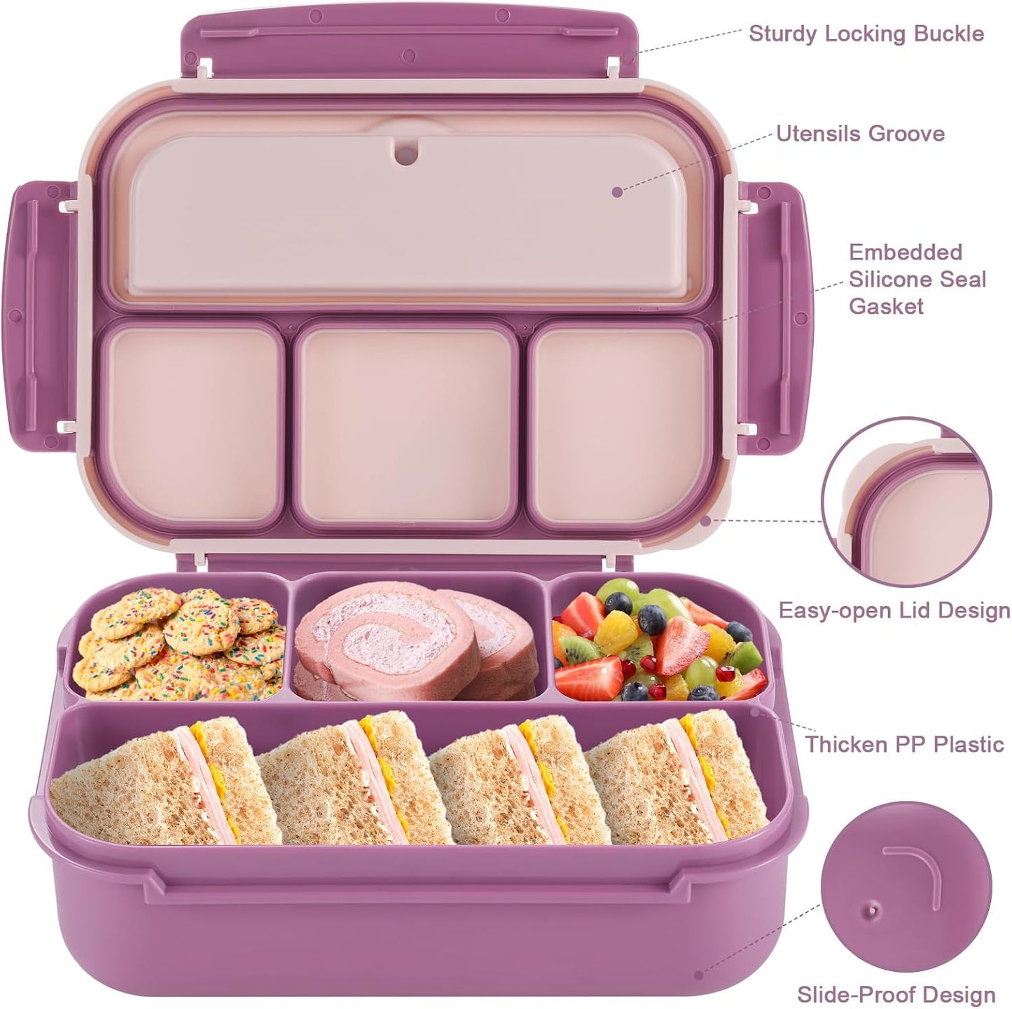 Bento Box Adult Lunch Box, Lunch Containers for Kids Girls Boys with 4 Compartments, Lunchable Food Container with Utensils, Sauce Jar, Muffin Liners, 40 Oz/5 Cup, Microwave Safe, Lavender