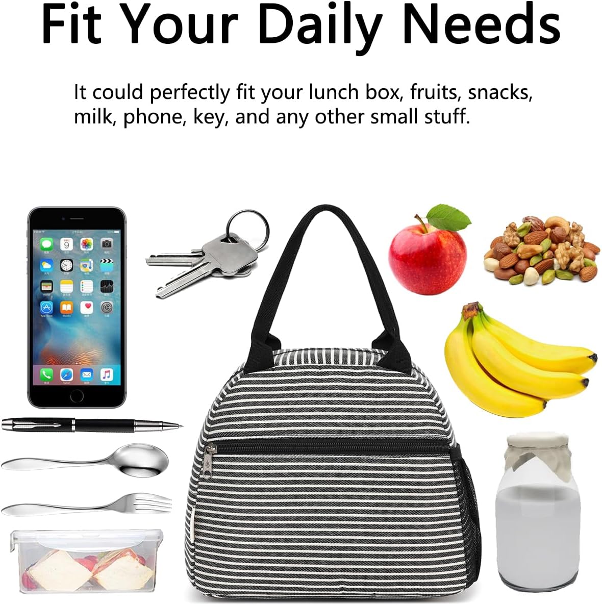 GYEUKHAM Lunch Bag Women, Lunch Box for Adult Men Kids Girls, Small Cute Lunchbox Tote Large Capacity Insulated Lunch Container Cooler for Work School Picnic Travel, Black White Stripes