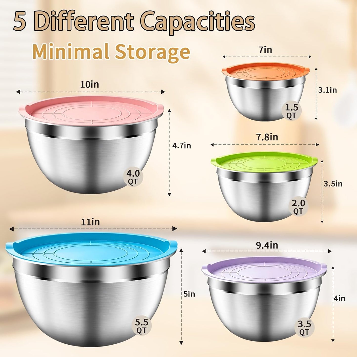 Mixing Bowls with Airtight Lids Set, 5 PCS Stainless Steel Khaki Nesting Bowls for Kitchen, Large Prep Metal Mixing Bowls for Kitchen, 5.5/4/3.5/2/1.5 QT for Mixing & Serving