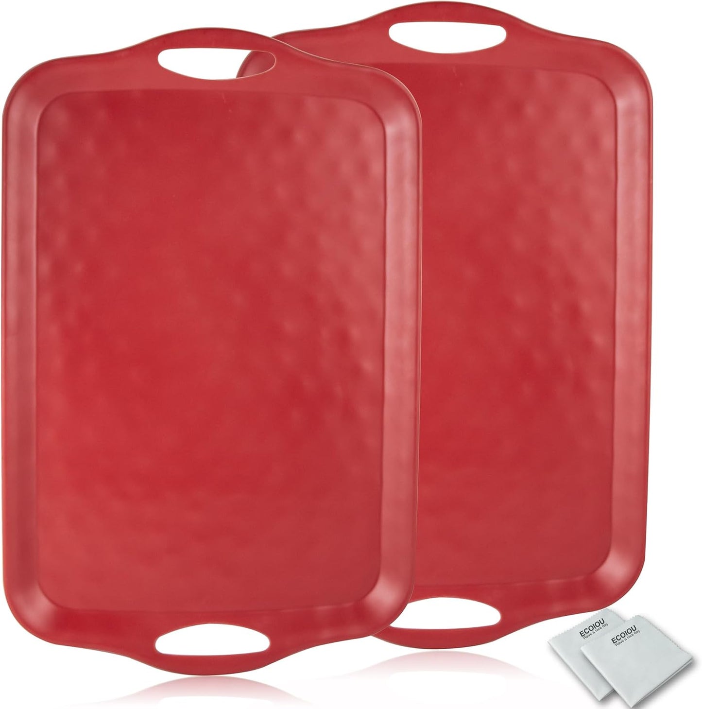 ECOIOU Extra Large Serving Tray with Handles, 20x13 inch, Set of 2 Melamine Platters for Serving Food, Turkey, Cookie, Rectangular Trays for Eating, Raised Dots Matt Finished, Dishwasher Safe, White
