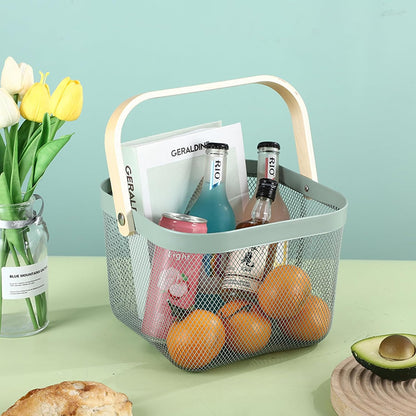 AJIODA Metal Mesh Steel Basket, Storage Organizer Basket Multi-functional Hanging Kitchen Baskets Fruit Basket Bin with Bamboo Handle for Kitchen Bathroom Picnic Shopping Decor Cabinet Home, Blue