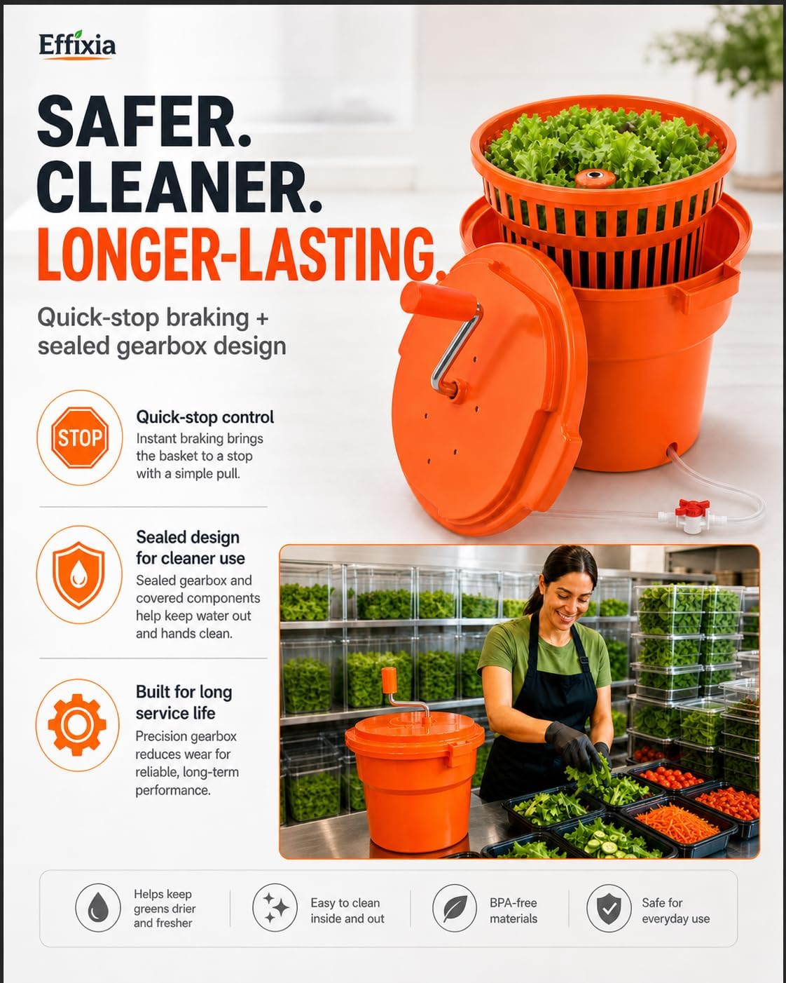 Commercial Salad Spinner - 3 Gallon Large Capacity Lettuce Dryer with 10 Ft Drain Hose & Stop Valve, 12Qt Manual Vegetable Spinner for Restaurants, Catering and Meal Prep