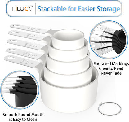 TILUCK Measuring Cups & Spoons Set, Stackable Cups and Spoons, Nesting Measure Cups with Stainless Steel Handle, Kitchen Gadgets for Cooking & Baking (Black)
