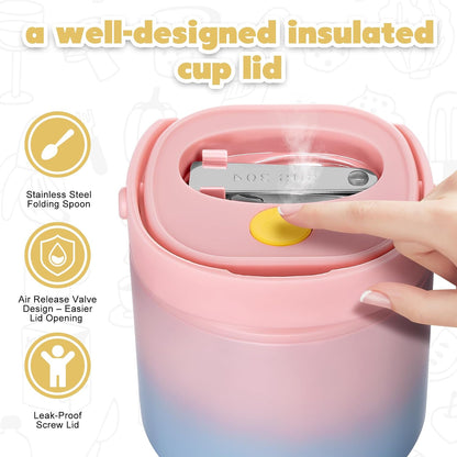 2 - in - 1 Soup Thermo for Hot Food 14oz with Snack Box Container Leak Proof Insulated Lunch Container Kids and Adults Stainless Steel Double Wall Vacuum Wide-mouth Thermal with Spoon and Handle