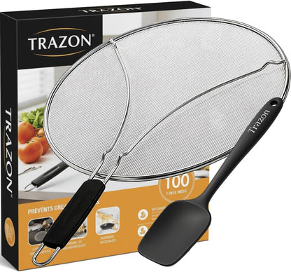 Grease Splatter Screen for Frying Pan 13 inch - Stops 99% of Hot Oil Splash - Protects Skin from Burns - Splatter Guard for Cooking - Iron Skillet Lid Keeps Kitchen Clean, includes Silicone Spatula