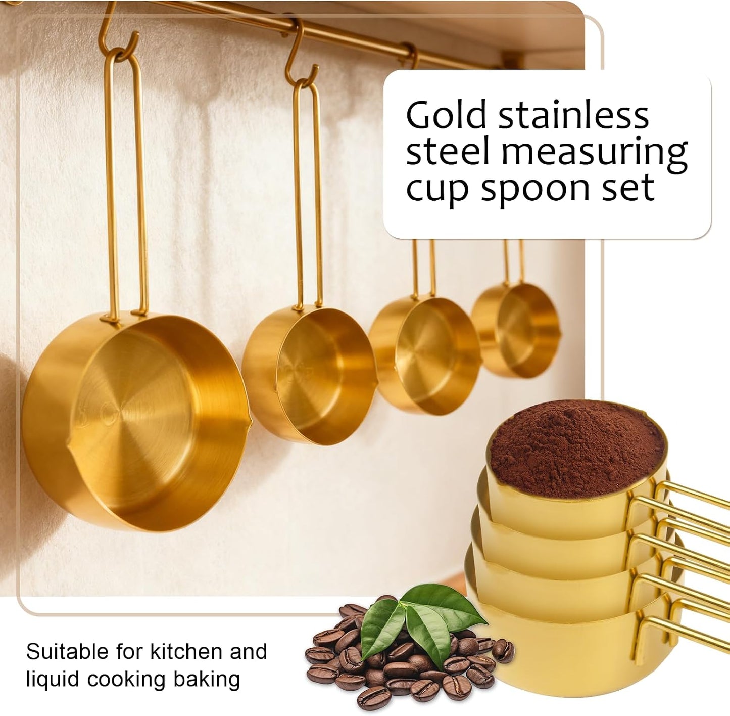 Gold 304 Stainless Steel Measuring Cup and Spoon Set, Stackable, 8-Piece, Long Handle for Narrow Bottles, Premium Gold Kitchen Utensils for Cooking and Mothers Day Gift