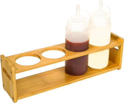 Wooden Condiment Caddy for Squeeze Bottles, 4-Bottle Countertop Organizer with Non-Slip Base, for Kitchen, Fridge, Dining Table Storage to Prevent Spills and Clutter