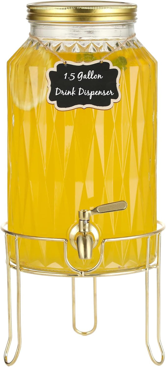 2 Gallon Glass Drink Dispenser with Stand, Stainless Steel Leakproof Spigot and Lid, Glass Drink Dispensers for Parties, Water Beverage Dispenser