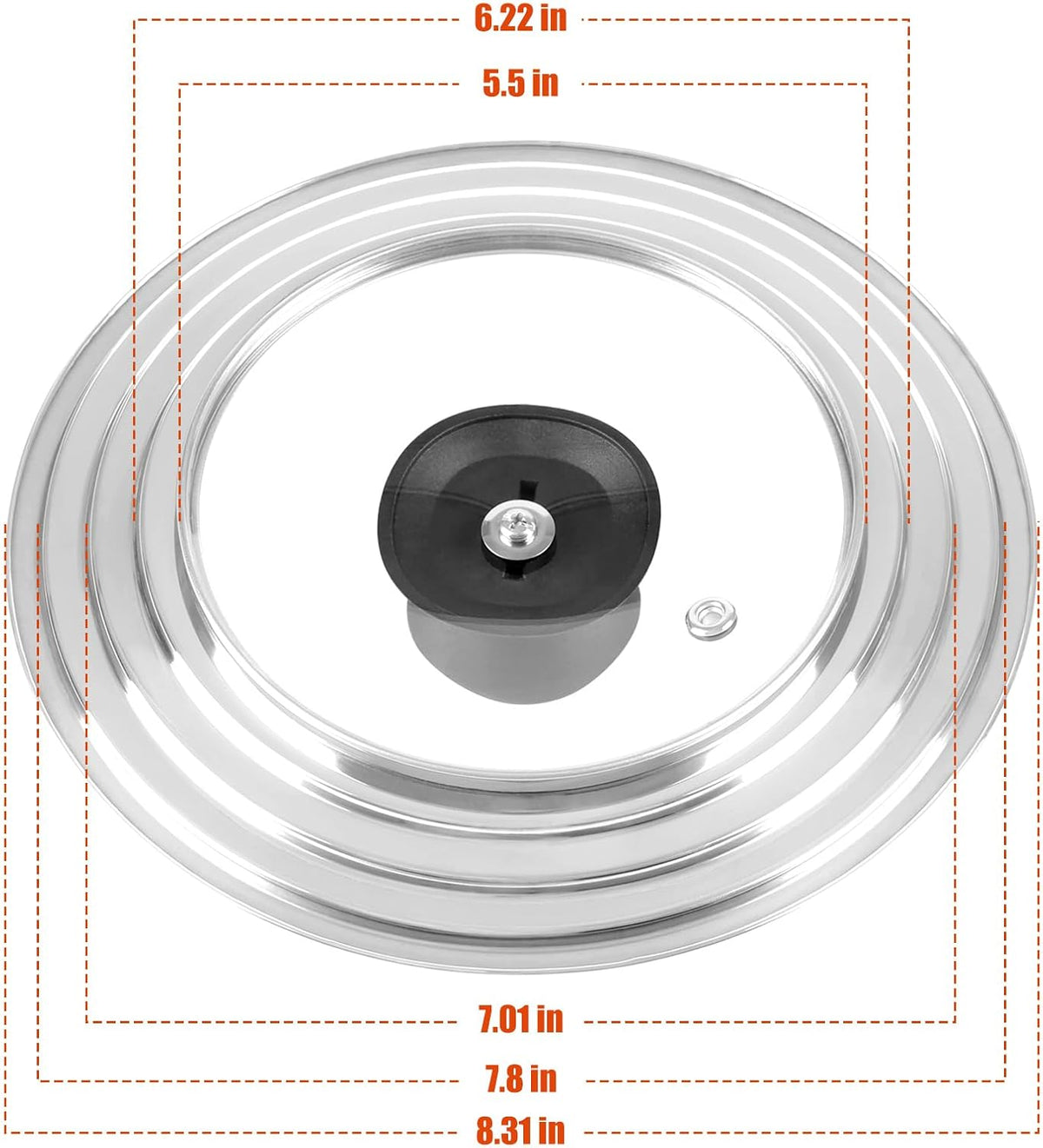 Universal Lids with Tempered Glass Top Fits 6, 7, 8 & 8.2, 9, 10, 11, 12, 12.5 Inch Cookware, Replacement Frying Pan Cover for Pots, Pans and Skillets, Cast Iron Lids for Space Saving