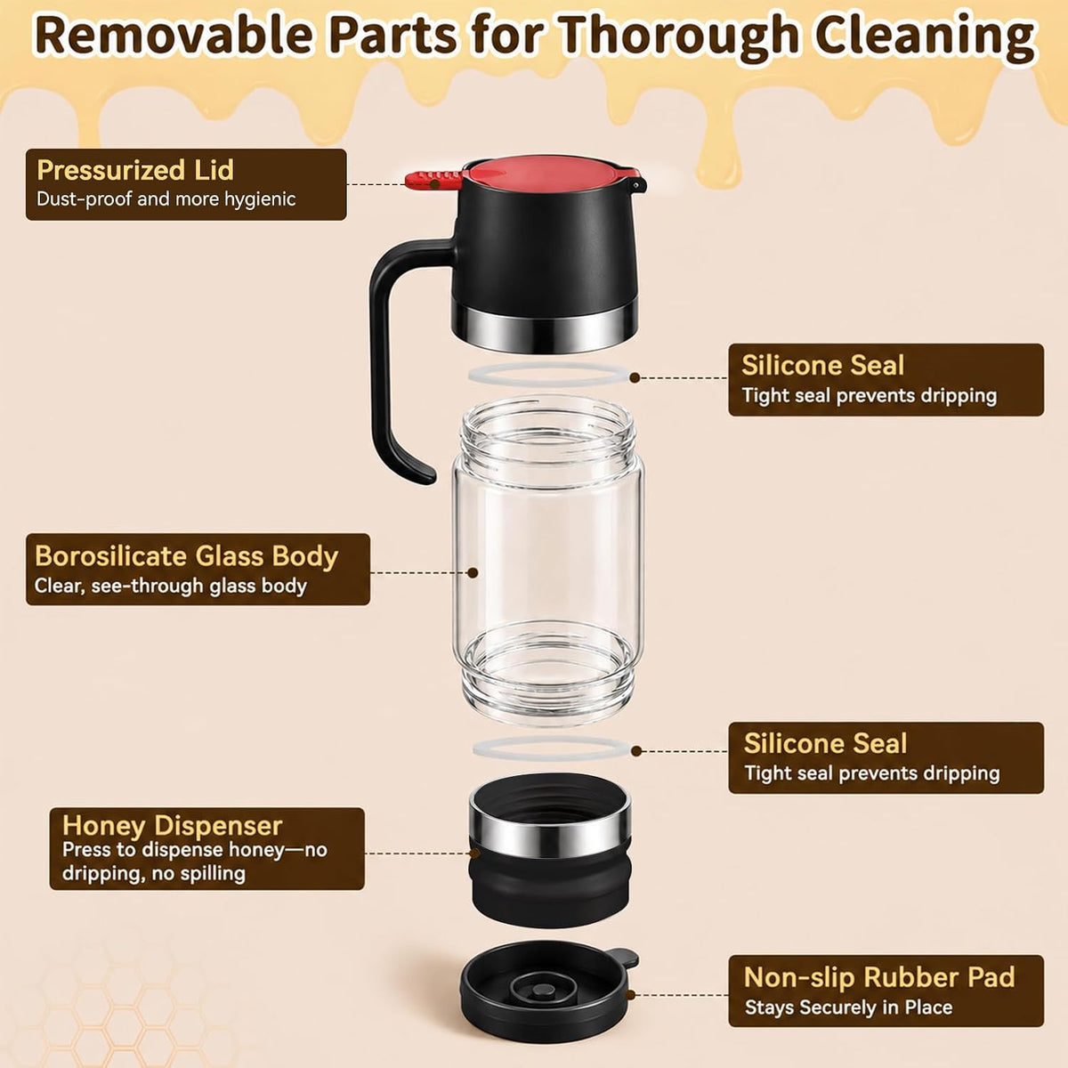 Honey Dispenser No Drip, Glass Honey Dispenser with Stand, 10oz Borosilicate Mess-Free Honey Jar with Ergonomic Handle, Precision Pouring Container for Honey, Maple Syrup, Chocolate Syrup (Black)