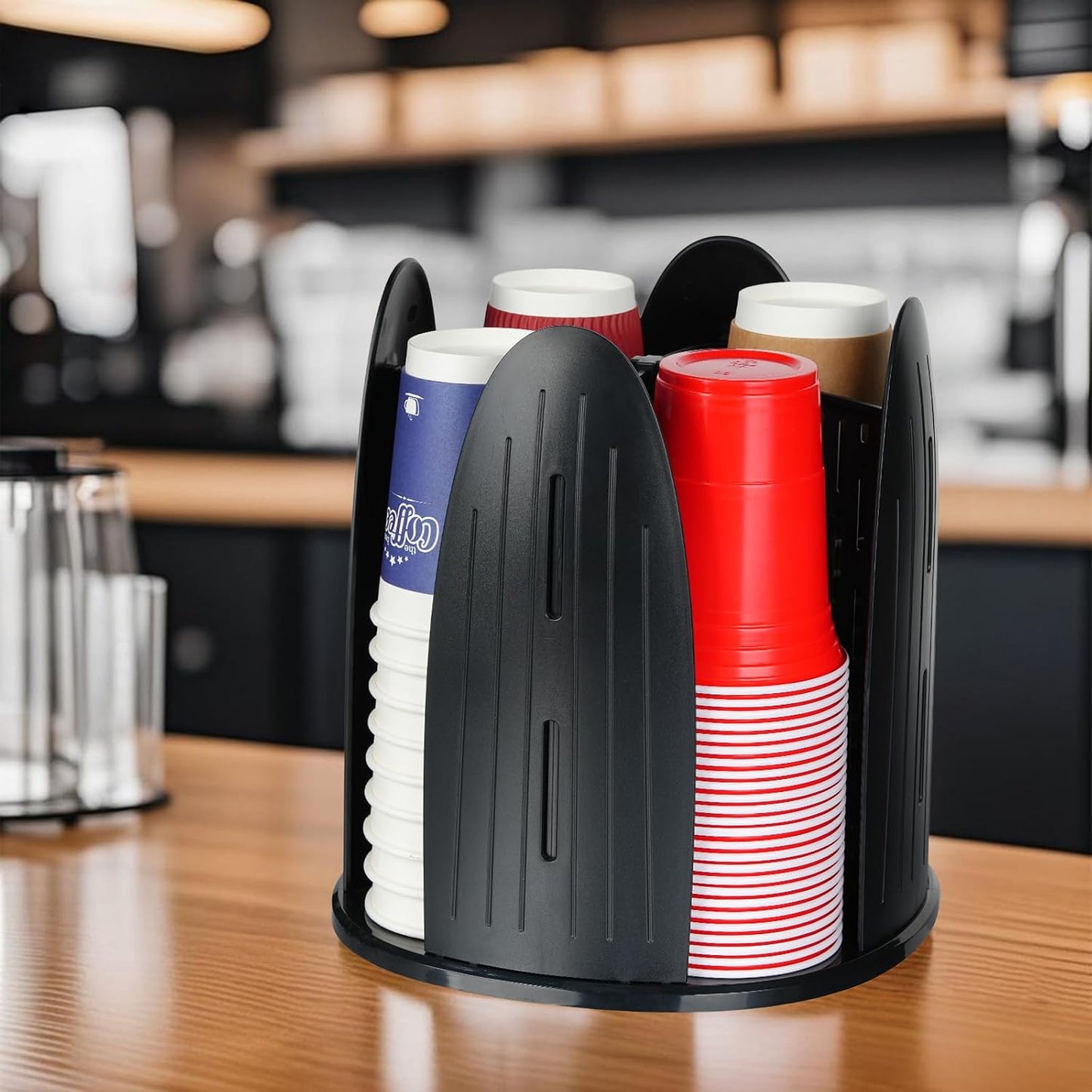 Rotating Paper Cup Dispenser,Cup Holder with 4 Compartments,Plastic Cup Storage and Lid Holder,Disposable Coffee Cup Dispenser Removable for Kitchen, Coffee Stations, Black
