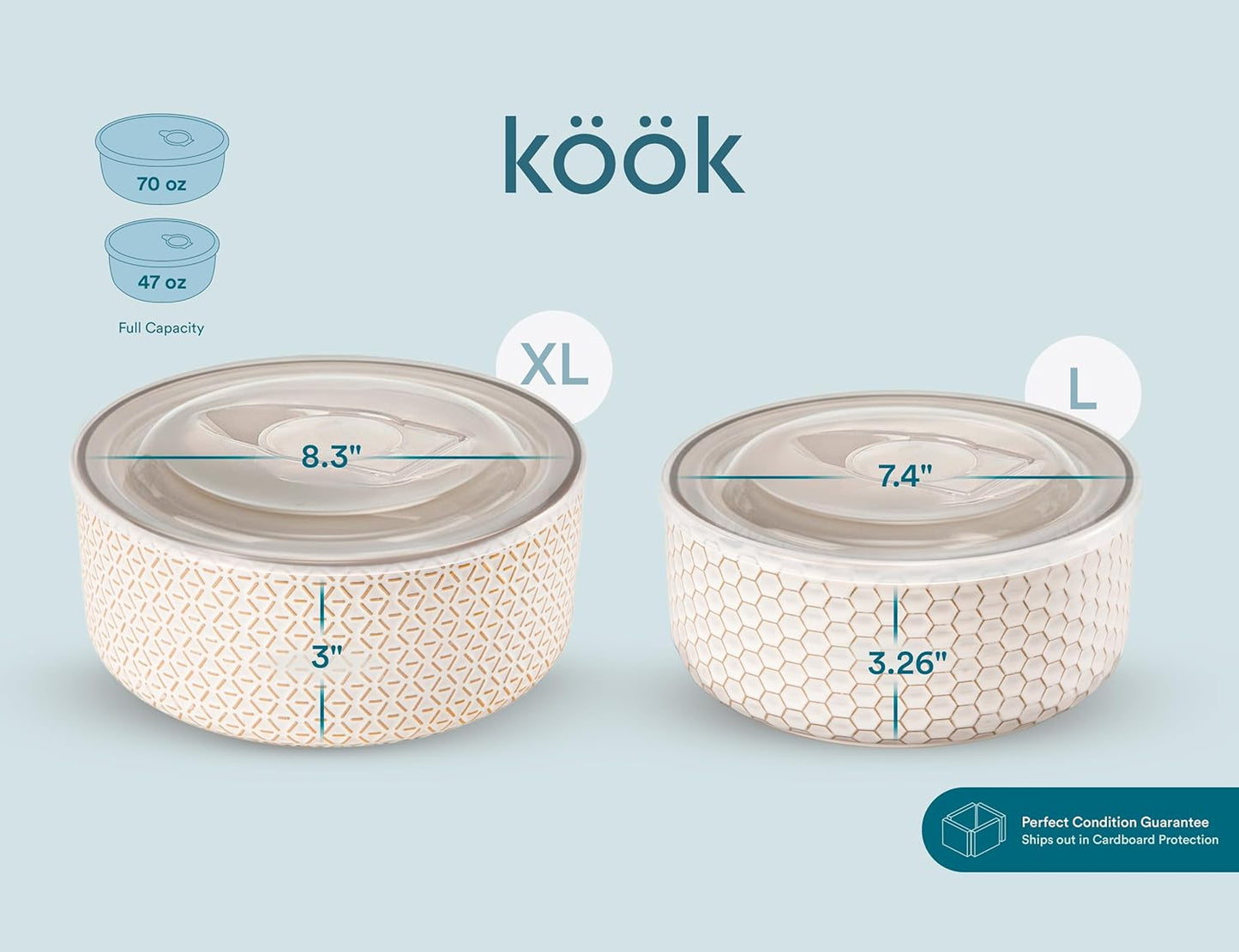 KooK Serving Bowls, with Lids, Ceramic Nesting Bowls, Set of 4, Embossed, Kitchen, Prep, Stackable, Gift, Microwave and Dishwasher Safe, 10/16/29/47 oz, Narbonne Collection (Ivory)