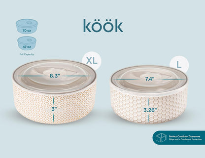 KooK Serving Bowls, with Lids, Ceramic Nesting Bowls, Set of 4, Embossed, Kitchen, Prep, Stackable, Gift, Microwave and Dishwasher Safe, 10/16/29/47 oz, Narbonne Collection (Ivory)