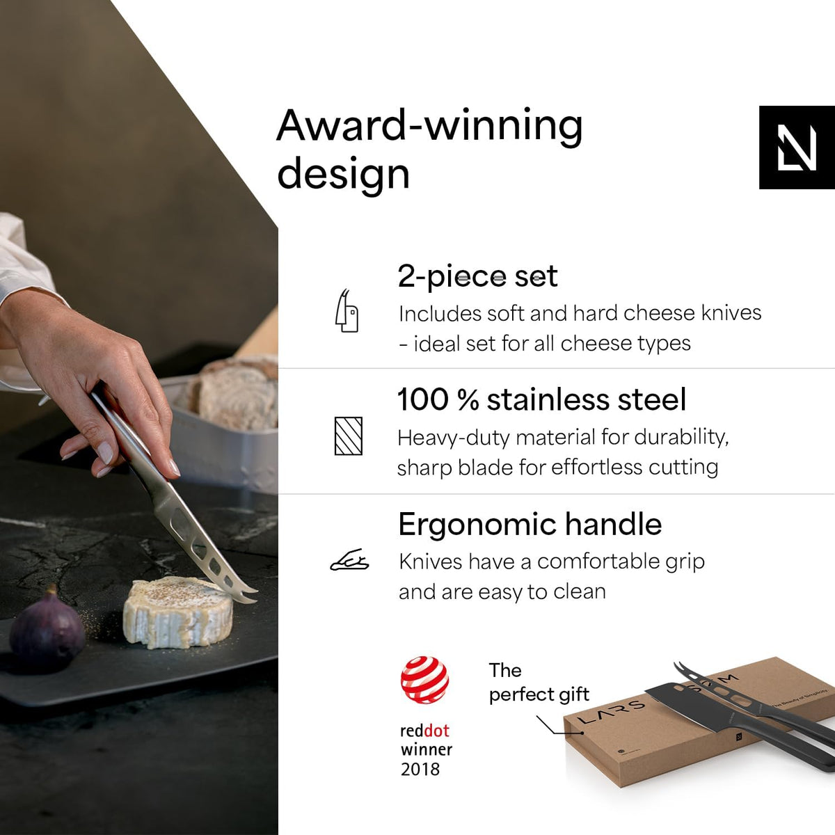 LARS NYSØM Cheese Knife Set Edge 2 pcs. I Cheese Knife Set Made of Stainless Steel I Premium Gift Box I Perfect as Christmas Gift (Carbon Black)