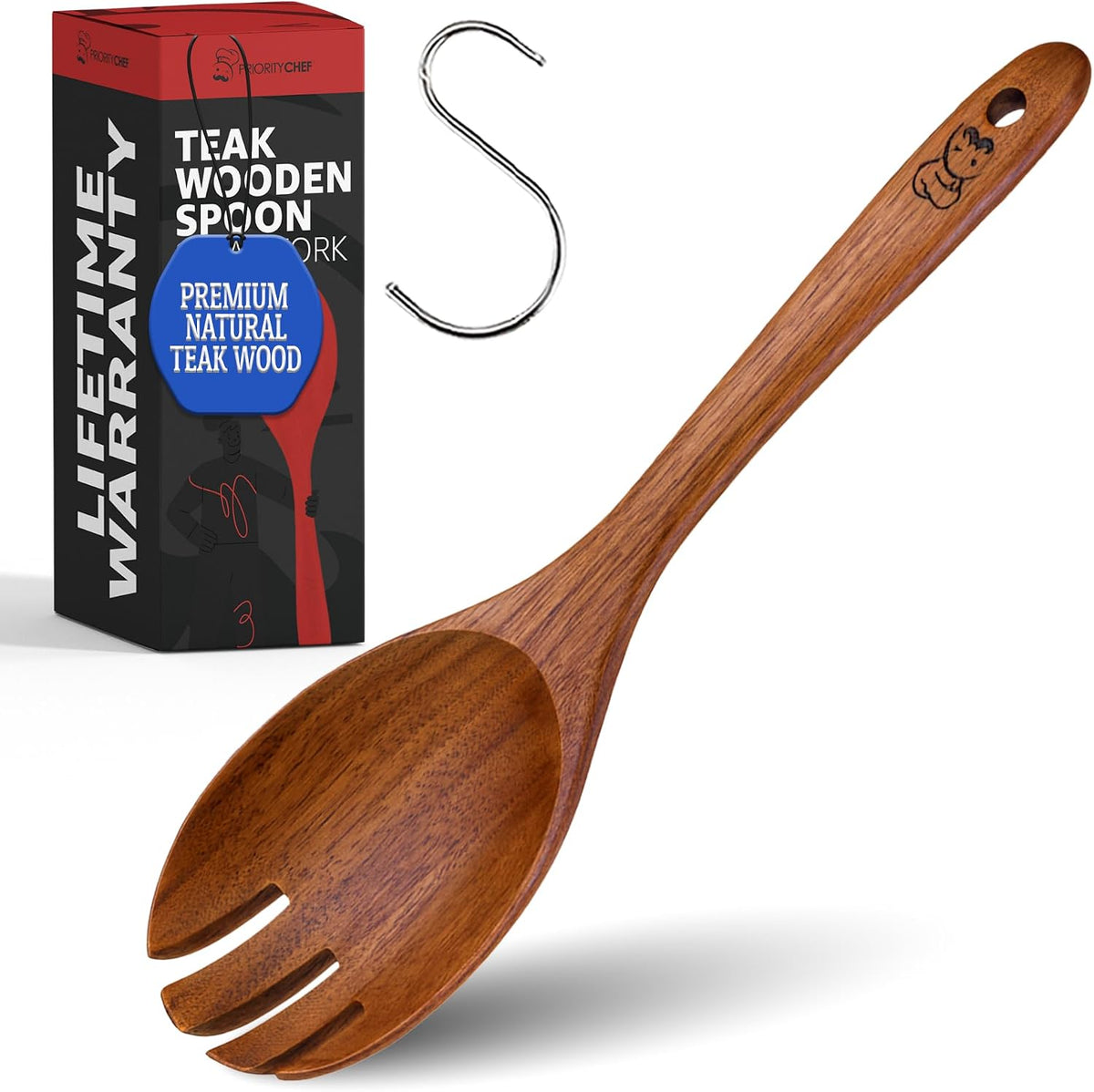 PriorityChef Wooden Slotted Spoon - Premium Teak Cooking Utensil for Frying, Straining & Serving - Long Handle Kitchen Spoon for Nonstick Cookware - Handcrafted Durable Wood