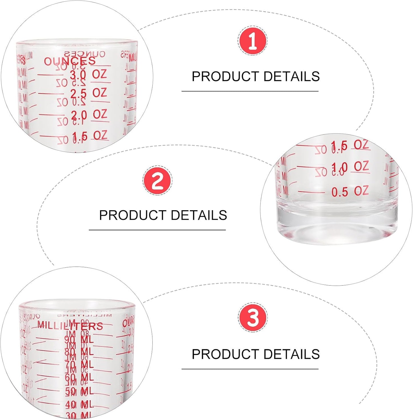 Alipis 3 Pieces 90ml Glass Measuring Cups with Red Scale, Baking Measuring Jug Set for Kitchen, Home Graduated Cups for Milk, Coffee, and Liquid Ingredients