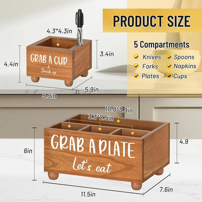 Paper Plate Dispenser and Holder for Kitchen Counter,Multi Utensil Caddy with Large Cup Holder,Paper Plate Organizer for Countertop,Cutlery Flatware Napkin Silverware Holder for Party,Kitchen