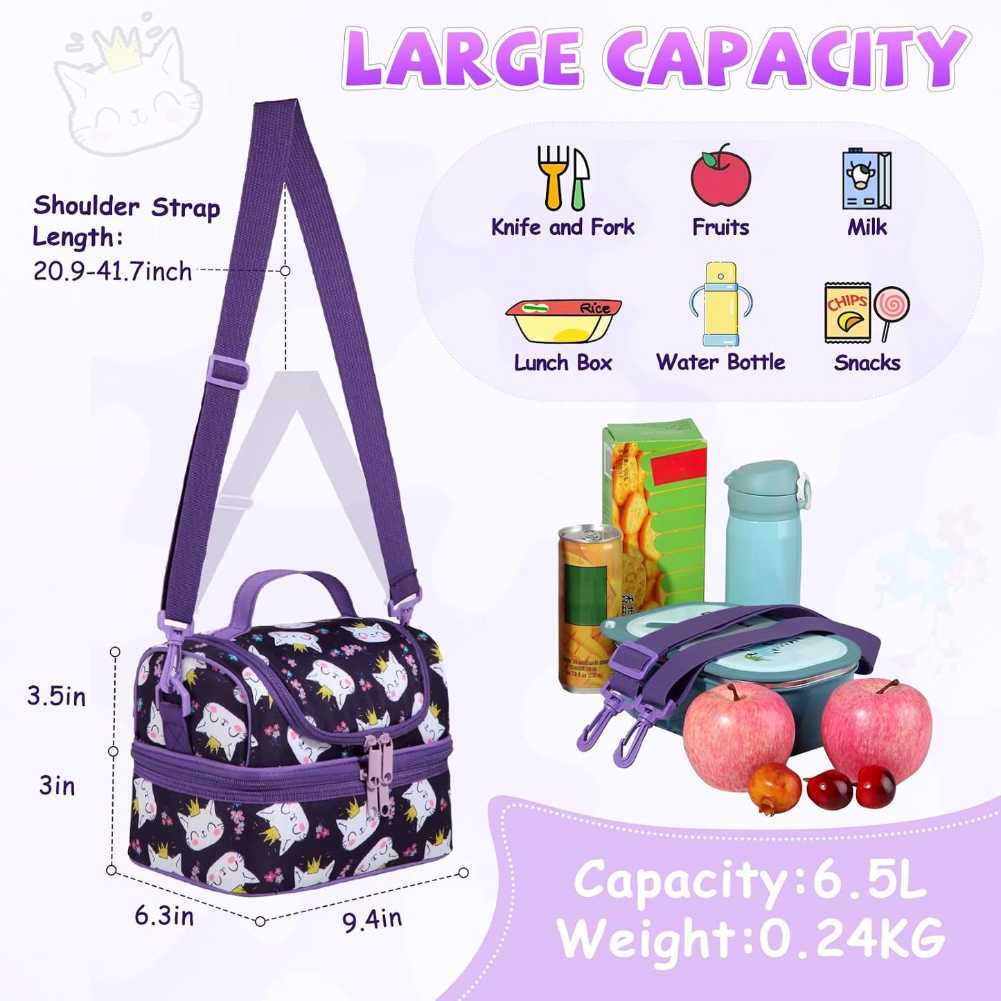 Lunch Bag for Girls,ChaseChic Insulated Lightweight Lunch Boxes for Kids Boys Dual Compartment Lunch Organizer Leak-Proof Cooler Bag with Detachable Adjustable Shoulder Strap,Purple Butterflies