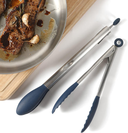 Calphalon Edge Tongs Set, 2-Piece Stainless Steel Kitchen Tongs Set with Silicone Heads, Includes 9-Inch & 12-Inch Heat-Resistant Locking Tongs for Cooking, Grilling & Serving, Taupe