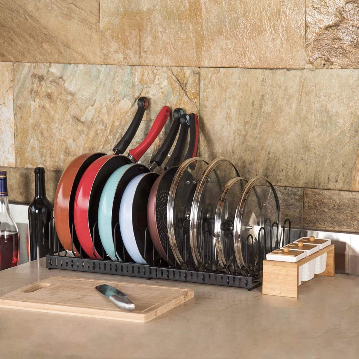 Expandable Food Container Lid Organizer,Large Capacity Adjustable 8 Dividers Detachable Lid Organizer Rack for Cabinets, Cupboards, Pantry Shelves, Drawers Keep Kitchen Tidy,Black 10.2”wide,3.6 Pound.