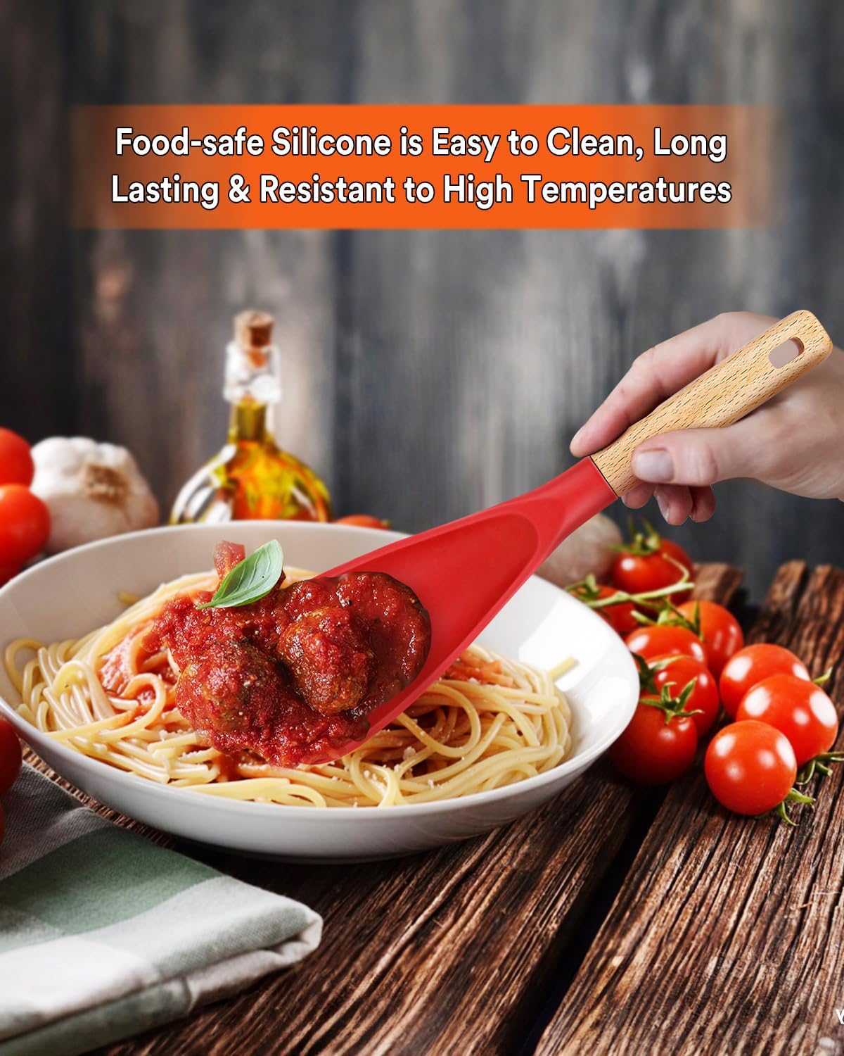 Cooking Spoon for Nonstick Cookwares, Great for Cooking and Serving Sturdy BPA-Free Matte Silicone, Wood Handle Spoon for Mixing, Scoop, and Scrape (Black & Grey, 11.4 inch)