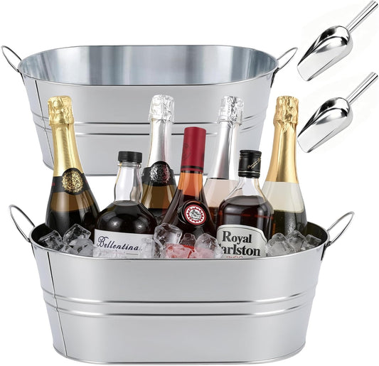 2 Pack Galvanized Ice Bucket with 2 Scoops, 3.5 Gallon Beverage Tub for Parties, Large Metal Ice Bucket for Beer, Wine & Champagne, Leak Resistant Drink Tub with Handles