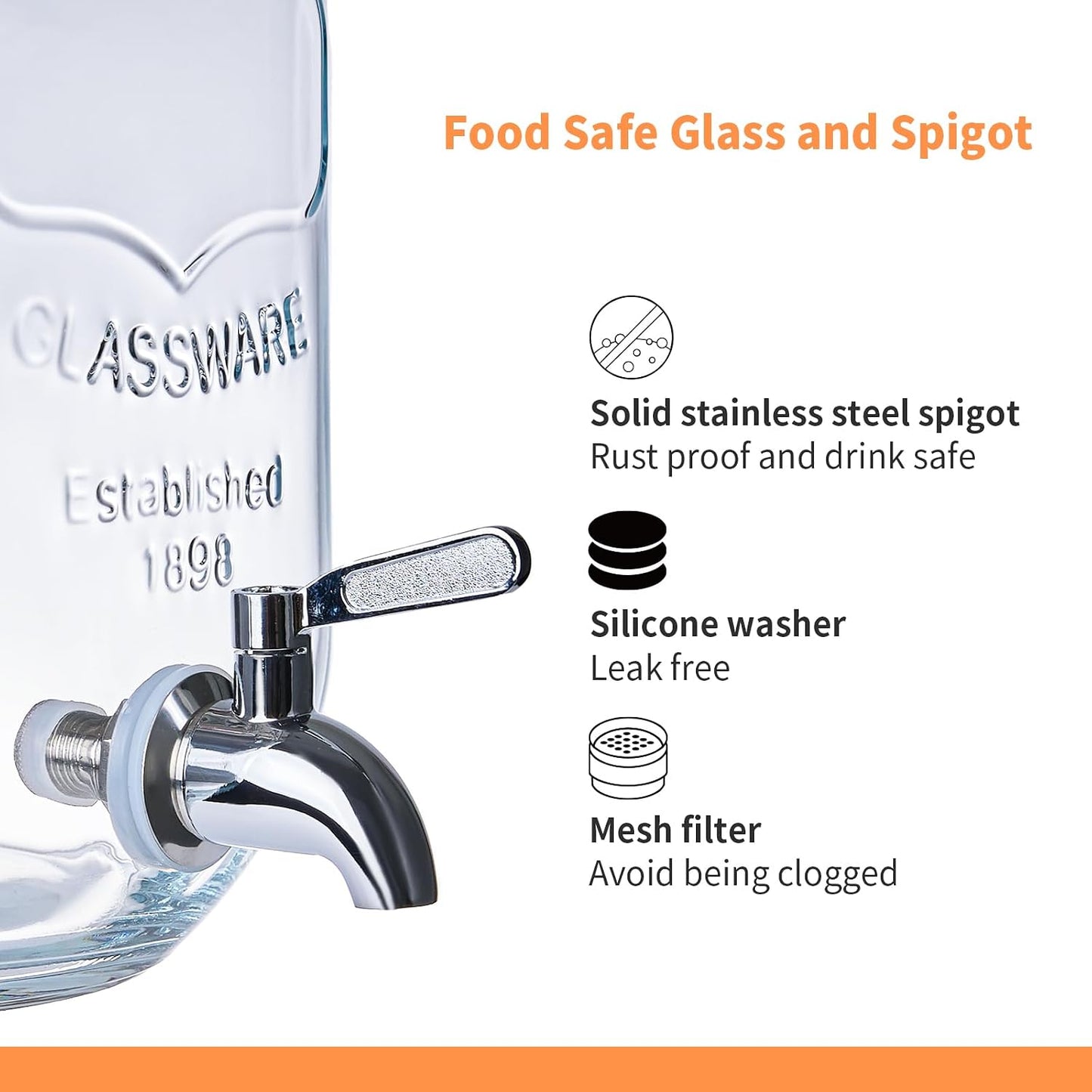 2 Pack1Gallon Glass Drink Dispenser with Stand&Bamboo Lids&Fruit Infuser,304 Stainless Steel Leak-Proof Spigot,Beverage Dispenser for Parties,Water Sangria Juice Sun Tea Lemonade(Natural)