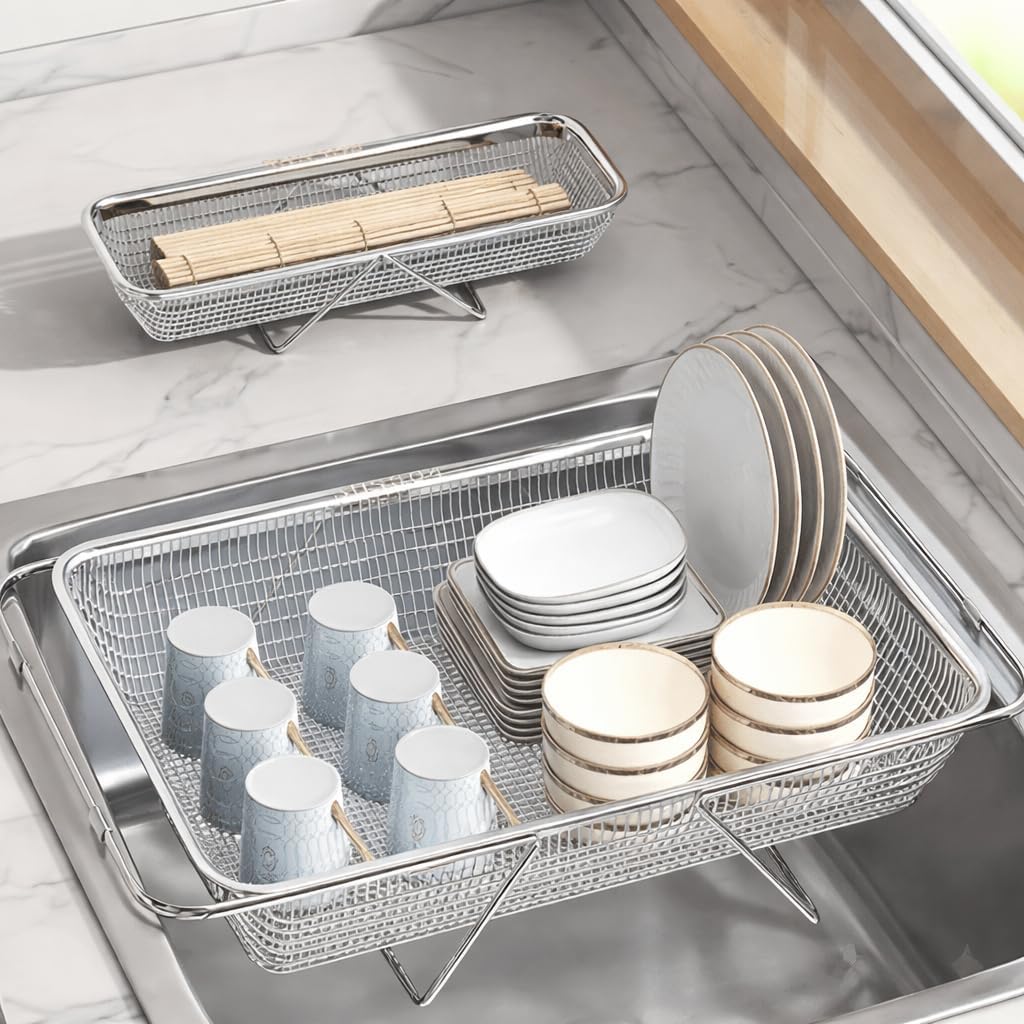 Large Adjustable Over-the-Sink Expandable Dish Drying Rack with Stainless Steel Drain Basket, Telescopic Space-Saving Kitchen Organizer for Fruits & Vegetables