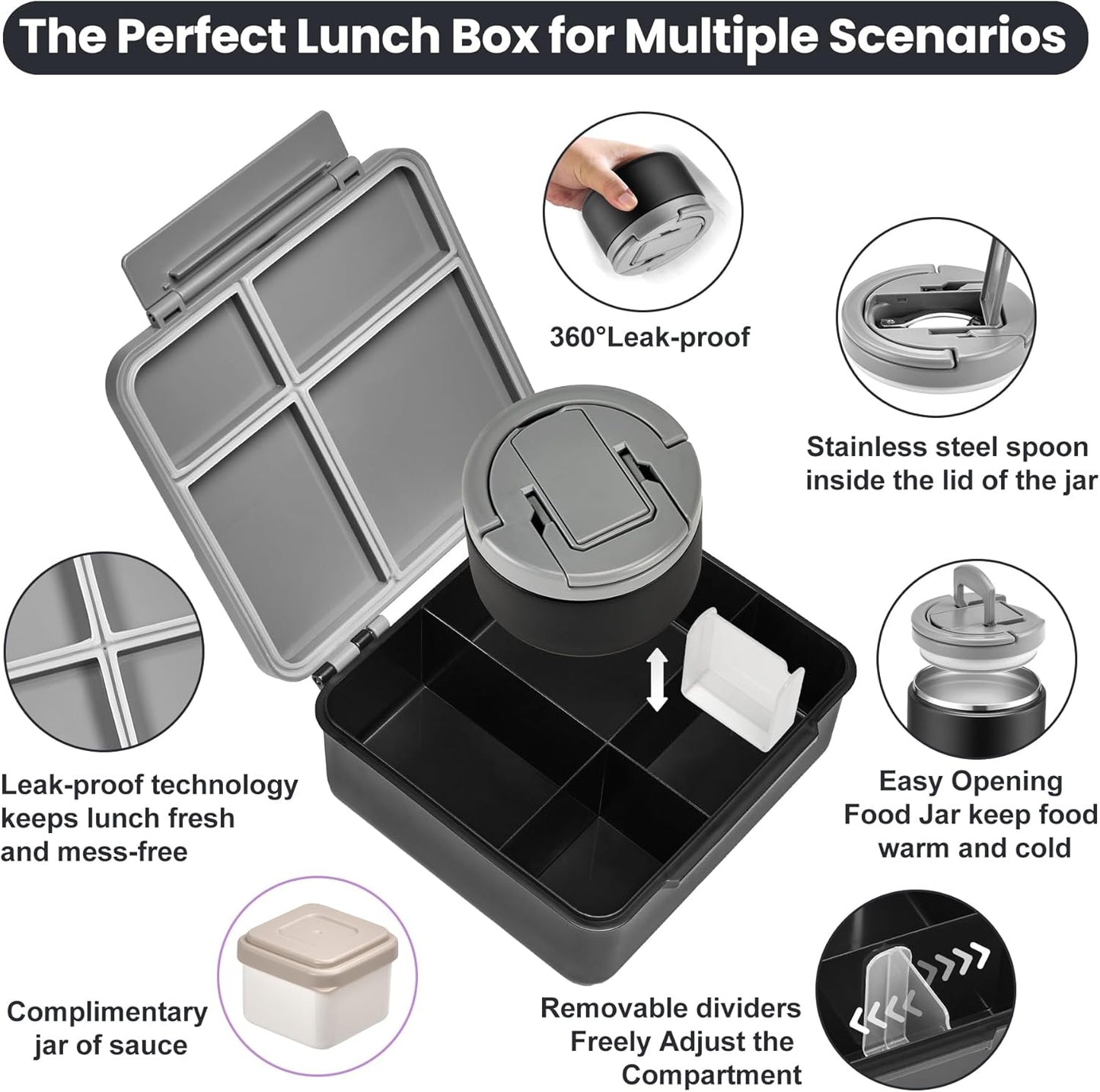 Bento Lunch Box with 8oz Soup Thermo,Kids Leakproof 4 Compartment Lunch Food Containers with Sauce Cup and Ice Pack,Kids Thermo Insulated Hot Food Jar and Lunch Bag for School,Trvael-Black