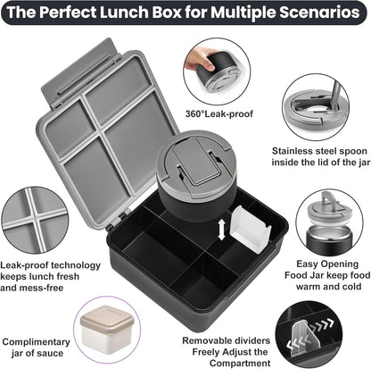 Bento Lunch Box with 8oz Soup Thermo,Kids Leakproof 4 Compartment Lunch Food Containers with Sauce Cup and Ice Pack,Kids Thermo Insulated Hot Food Jar and Lunch Bag for School,Trvael-Black