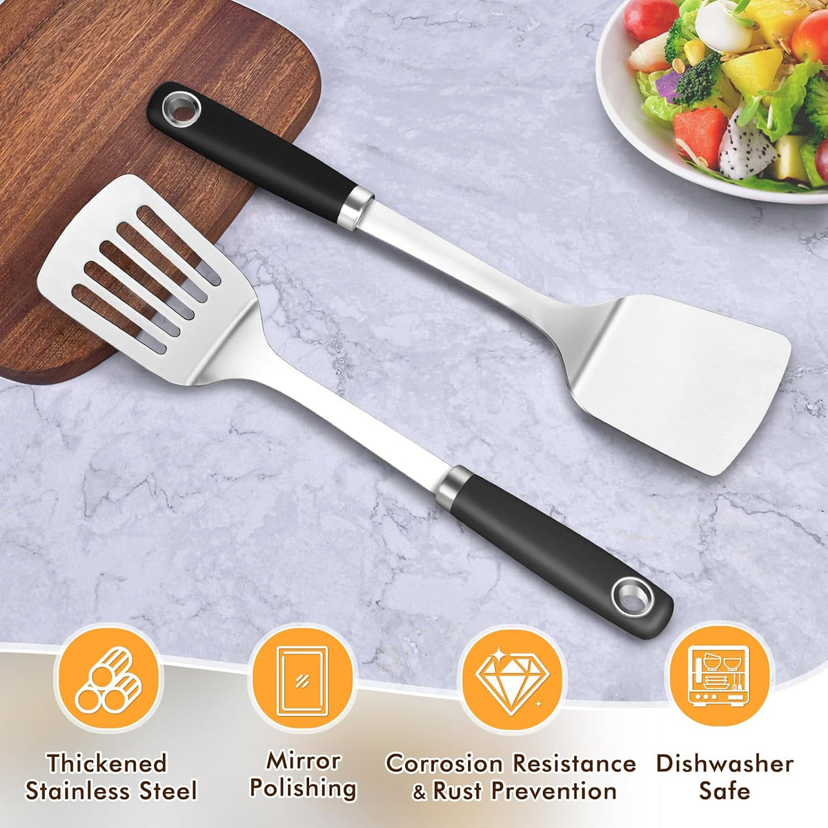 2 Pcs Stainless Steel Spatulas Set, Metal Spatula Solid & Slotted Turner, Heavy Duty Sturdy Spatula for Kitchen Use, High Heat Resistant Cooking Utensils for Fish Eggs Pancakes, Easy to Clean, Silver