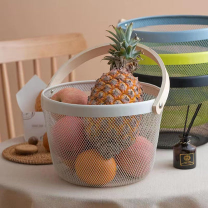 AJIODA Metal Mesh Steel Wire Basket, Round Storage Organizer Basket with Wooden Handle Multi-functional Hanging Kitchen Baskets Fruit Baskets for Kitchen Bathroom Picnic Decor Cabinet Home, White
