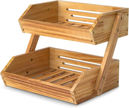 G.a HOMEFAVOR Large Bamboo Fruit Basket, 2-Tier Fruit Bowl for Kitchen Counter, Vegetable Storage Stand for Fruit Shop, 15 mm Thickness (Self-assembly)