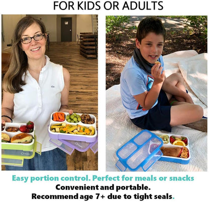 Bento Lunch Box for Kids or Adults, Snack Containers for Boys, Girls, School Daycare Work, 3 Divided Compartments Meal Planning Portion Control, BPA-Free Boxes, Utensils | Blue Purple 2 pack