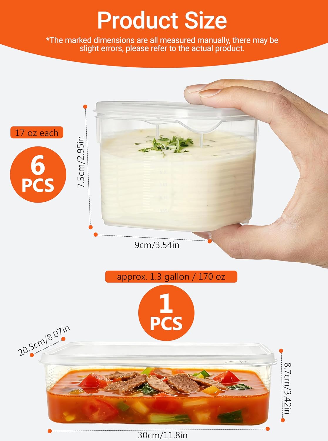 7-in-1 Nesting Soup Containers with Lids, 1 Extra Large (Approx. 1.3 Gallon / 170 oz) + 6 Small (17 oz Each), Leakproof, BPA-Free, Freezer Microwave Dishwasher Safe, Meal Prep Food Storage Set